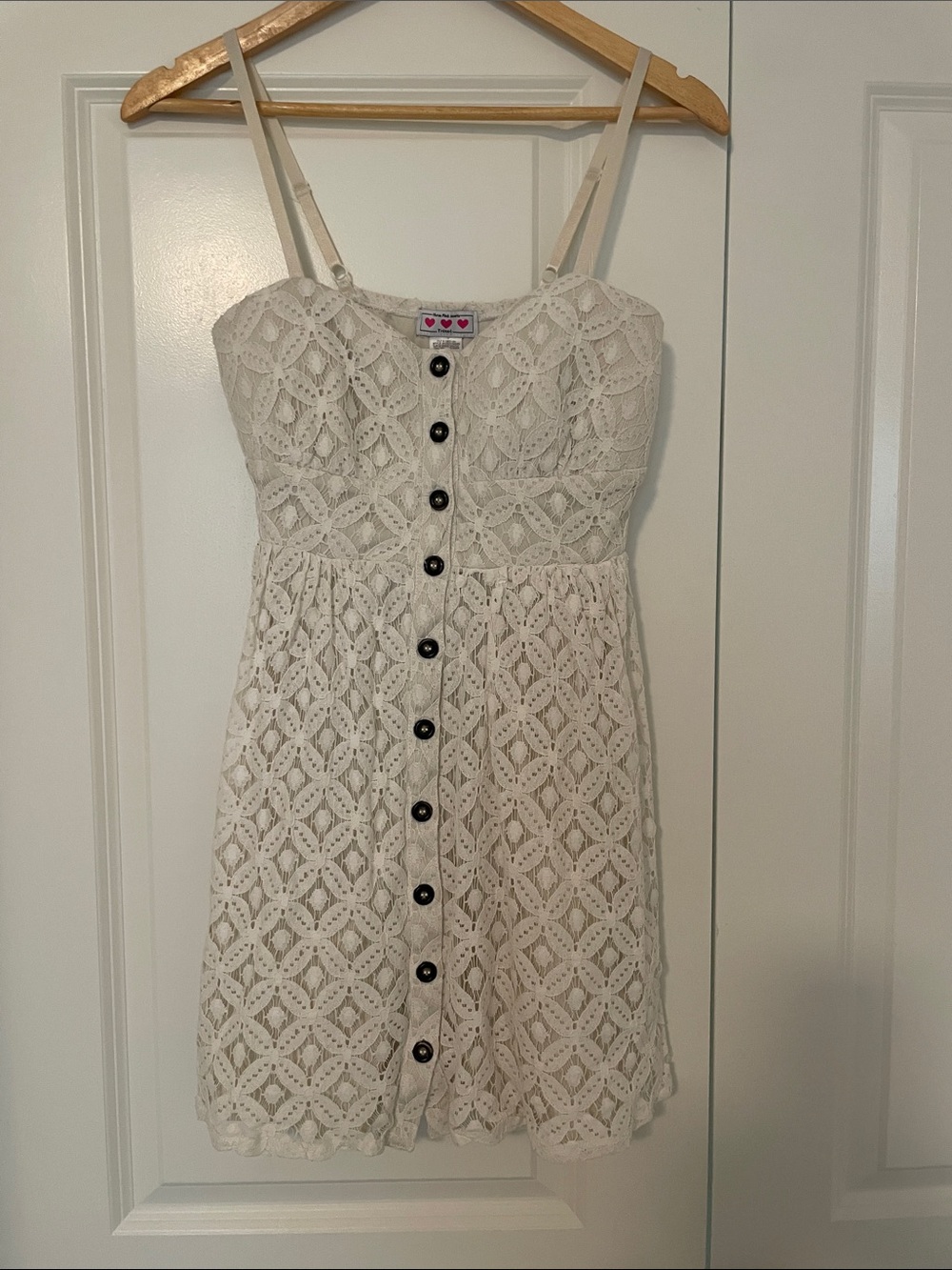 Three Pink Hearts Mini Button-Front Lace Tank  Strap Dress Ivory M